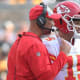 Sep 16, 2018; Pittsburgh, PA, USA; Kansas City Chiefs quarterbacks coach Mike Kafka (L) talks with quarterback Patrick Mahomes (15) against the Pittsburgh Steelers during the third quarter at Heinz Field. The Chiefs won 42-37.